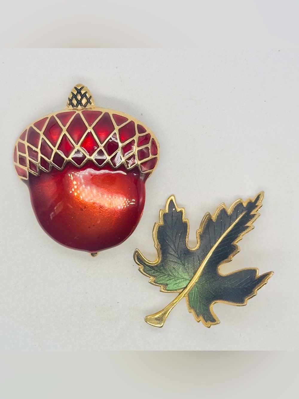 Vintage Gold Tone Enamel Acorn Leaf Brooch Pin Lot Set Brown Green Autumn Fall